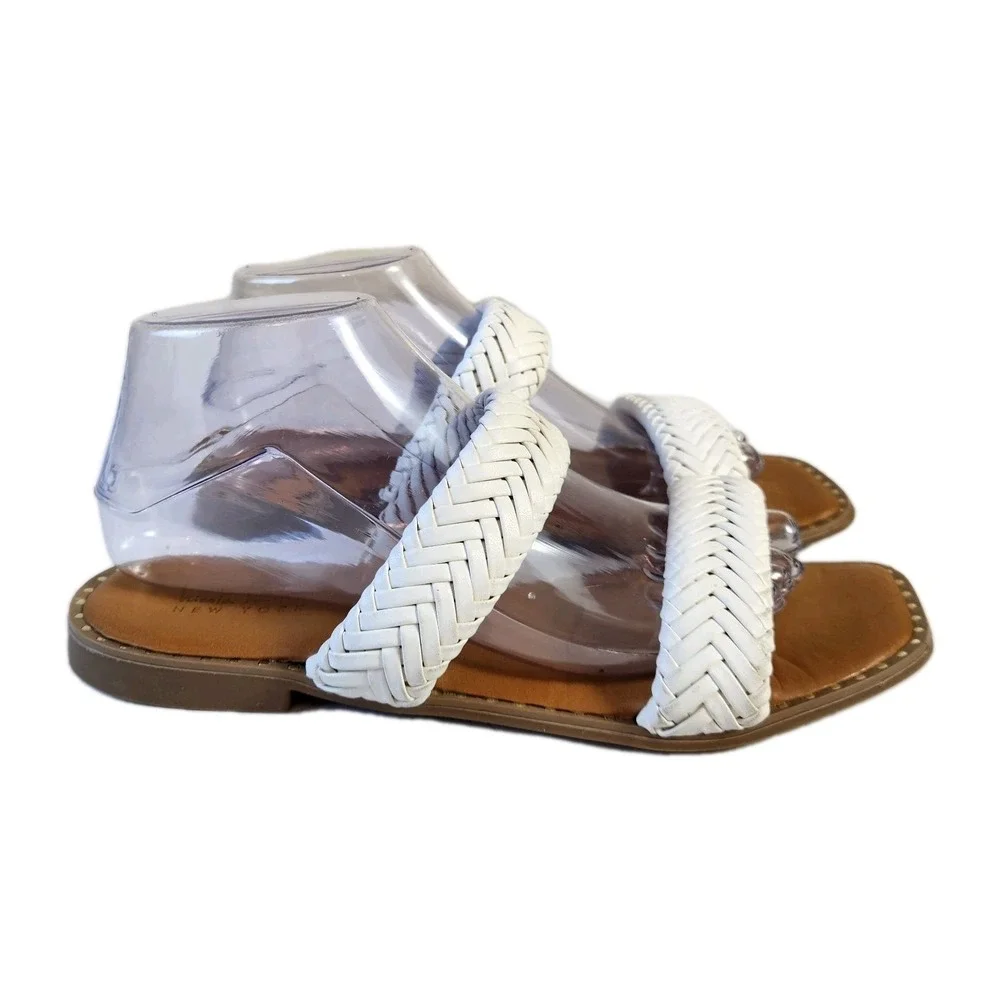 Nicole Miller Oby Double Braided Flat Sandals Womens Size 8.5 White Dress Slides